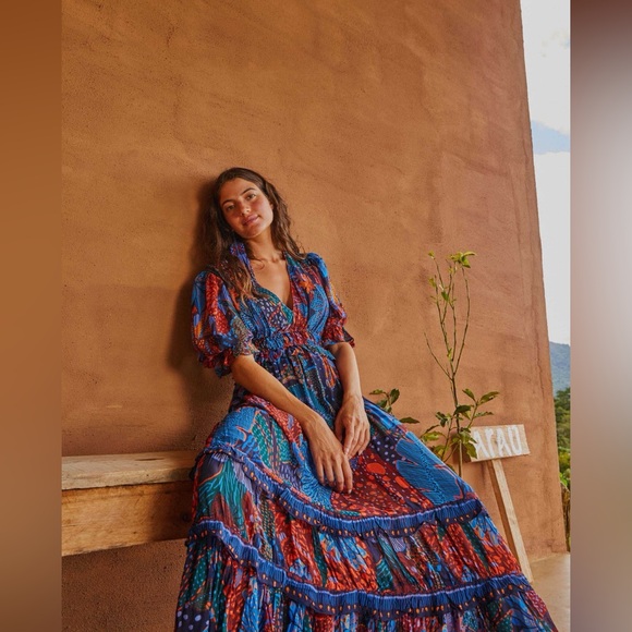 FARM Rio Blue Cool Leopard Ruffle Maxi Dress Size Small - Picture 2 of 10